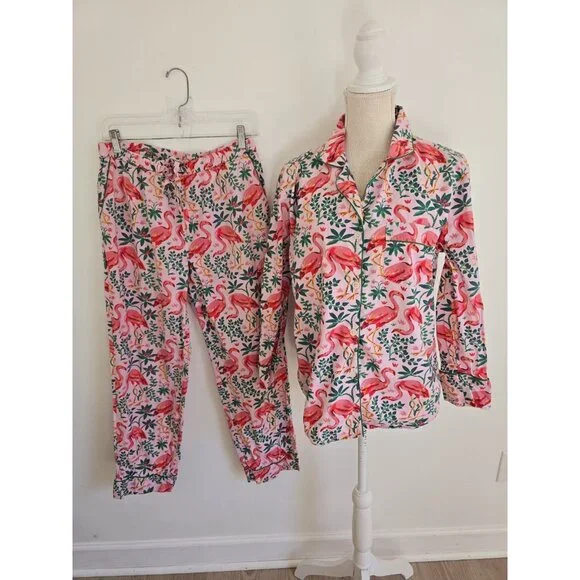 Print Fresh Organic Cotton Flamingo Floral Pink 2 Piece Pajama Set S Lounge - Picture 2 of 11